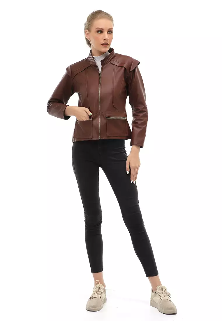 Glenice Jacket Kulit Casual Wanita Zipper Pocket Material Leather ORIGINAL - Brown