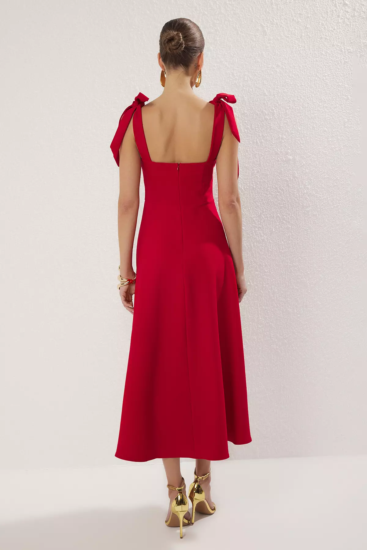 Red A-Line Strap Detailed Woven Midi Chic Evening Prom Dress TPRSS24EL00251