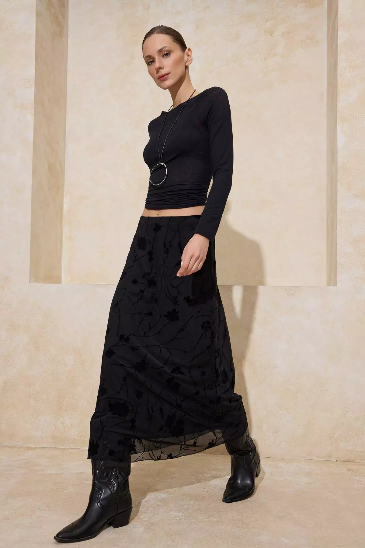 Black Flock Printed Pen Maxi/Long Tulle Flexible Knitted Skirt Twoaw26Et146