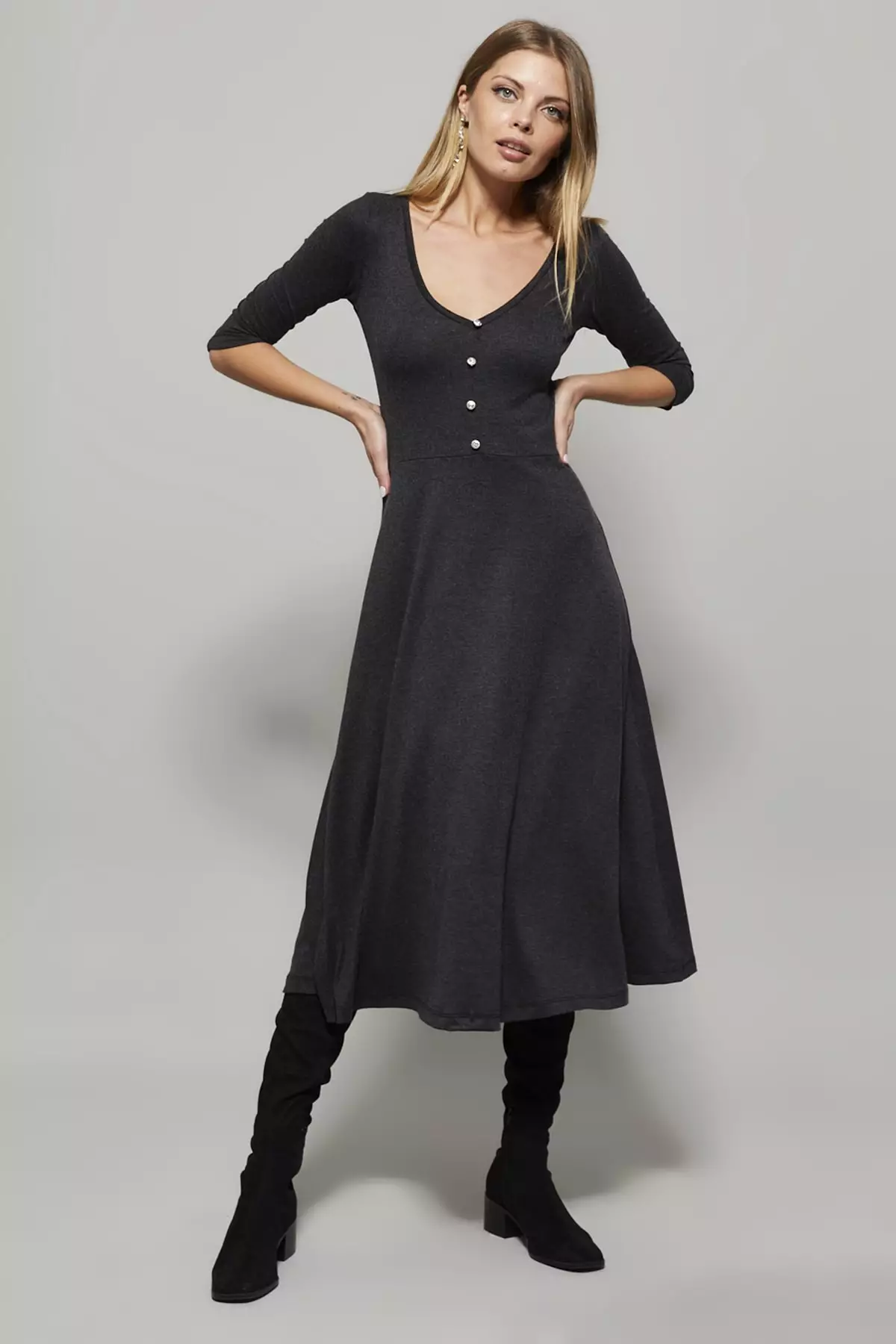 Button Accessory V-Neck Dress