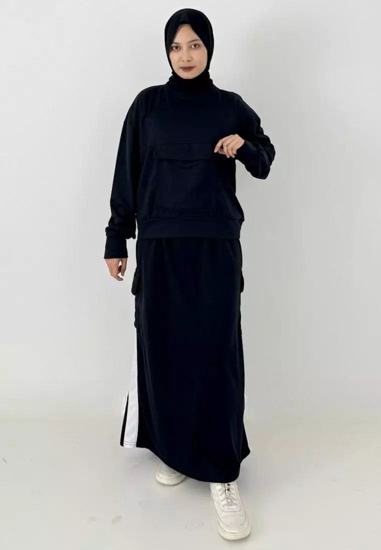 Set Sporty Skirt Hilda (Setelan Training Olahraga Lari) Hitam- Sweater Rok