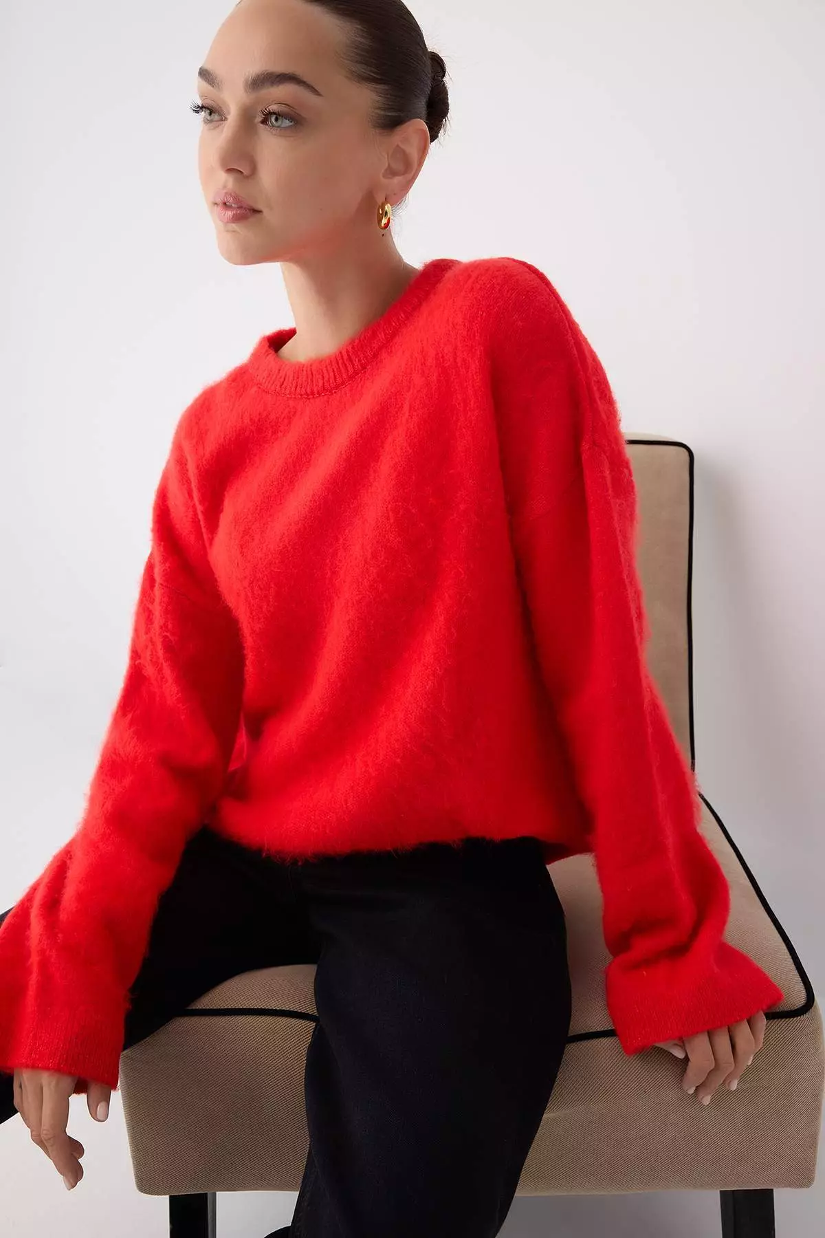 Red Soft Textured Wide Fit Basic Knitwear Sweater