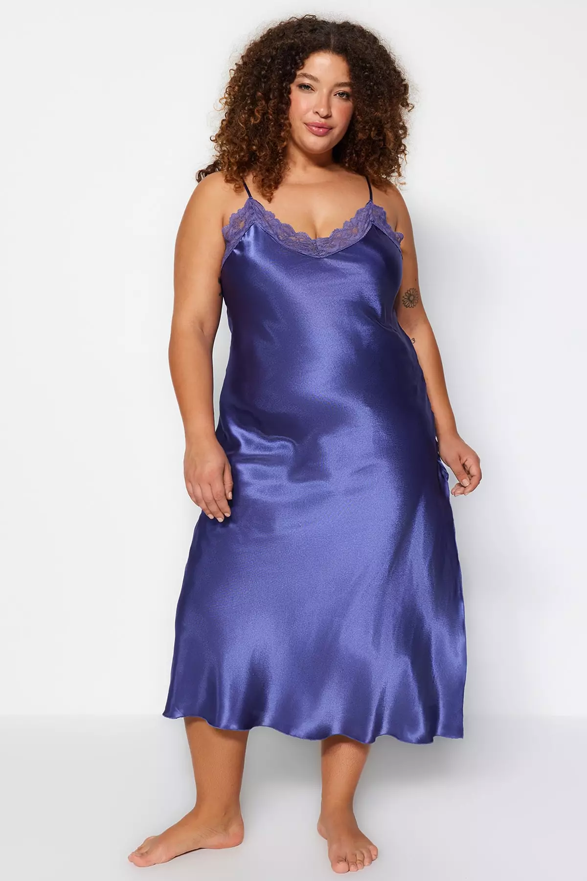 Buy Trendyol Plus Size Weave Satin Nightgown With Indigo Lace