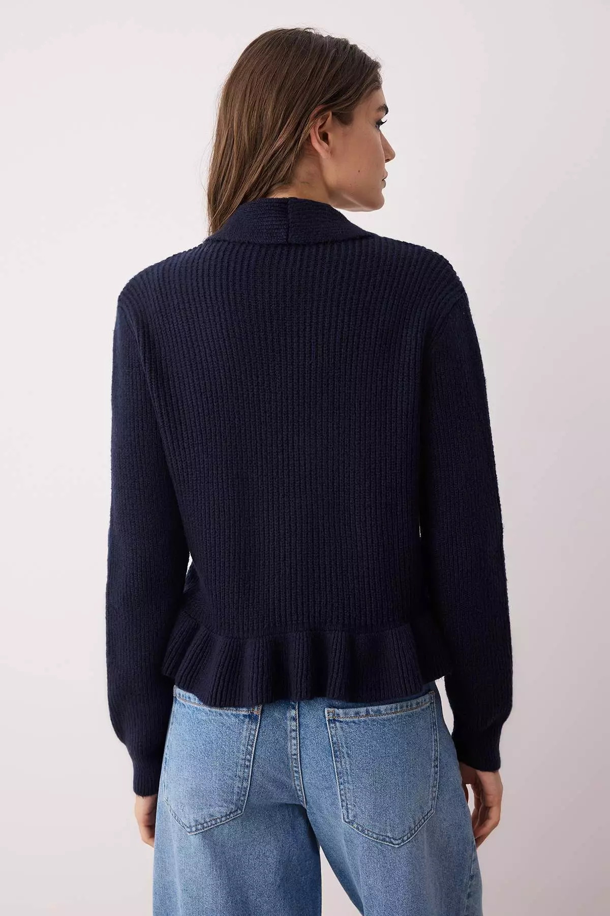 Navy Blue Crop V Neck Soft Textured Flounced Knitwear Cardigan