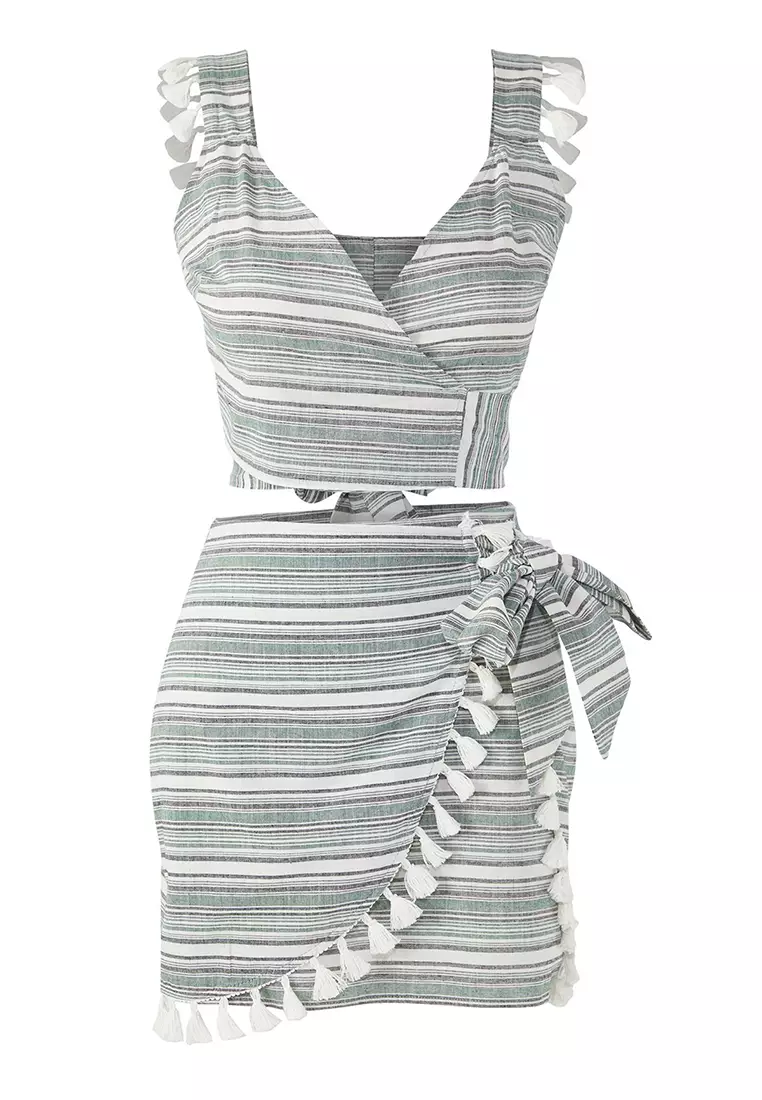 Striped Woven Tassel and Tie Detail Beach Blouse Shorts Skirt Set TBESS25AU00067