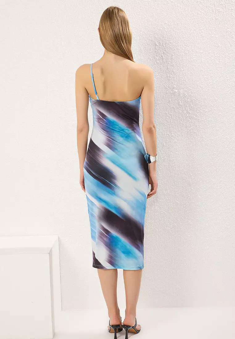 Blue Printed Bodycon Midi One Shoulder Adjustable Strap Knitted Pencil Dress Twoss23El01577