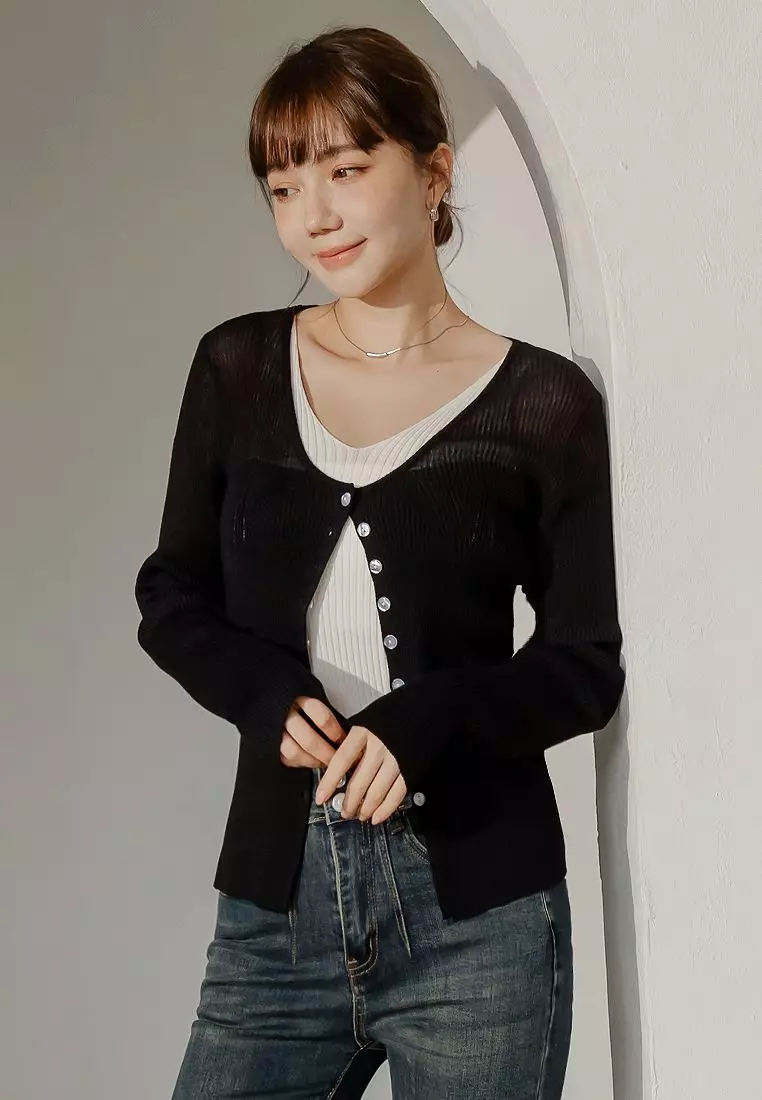 High-Stretch Colorblock Sheer Fitted Knit Cardigan [FA2980]