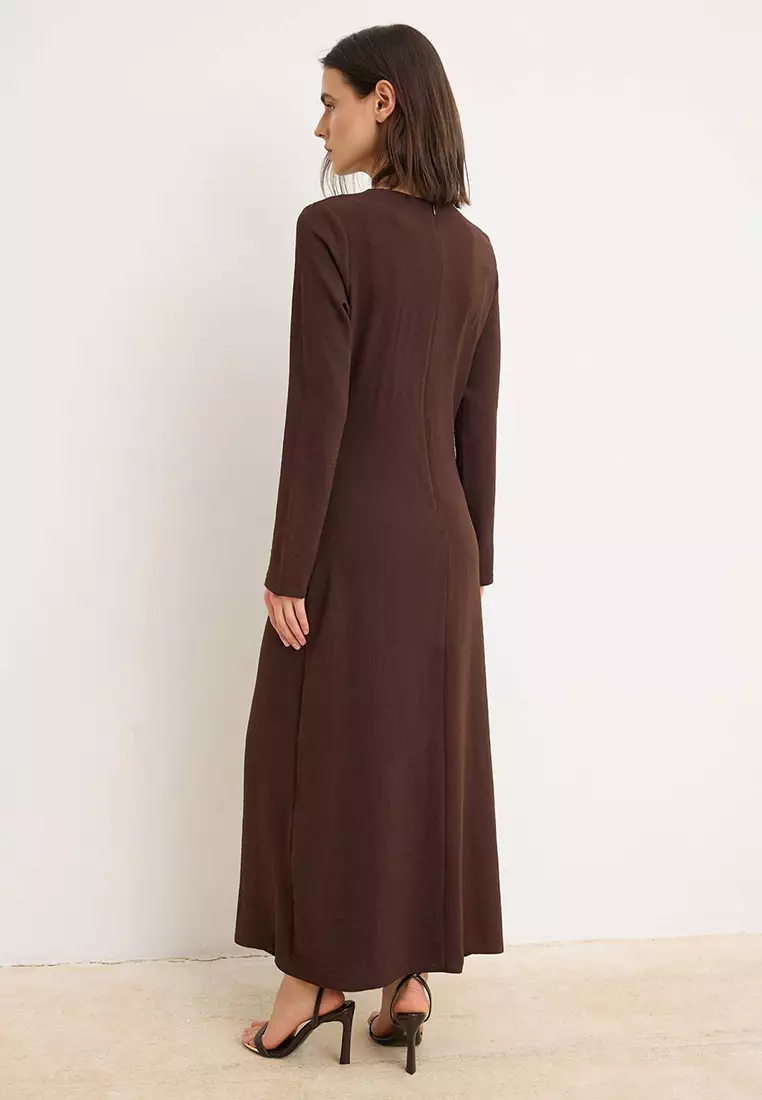 Brown Unlined Plain Woven Dress&Jumpsuit Aerobin Hijab Dress Tctss25Eb00138