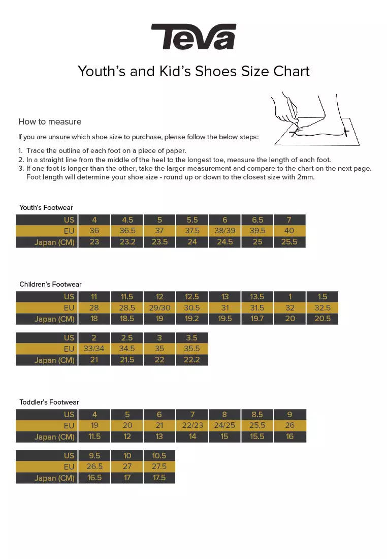 Size on sale chart teva