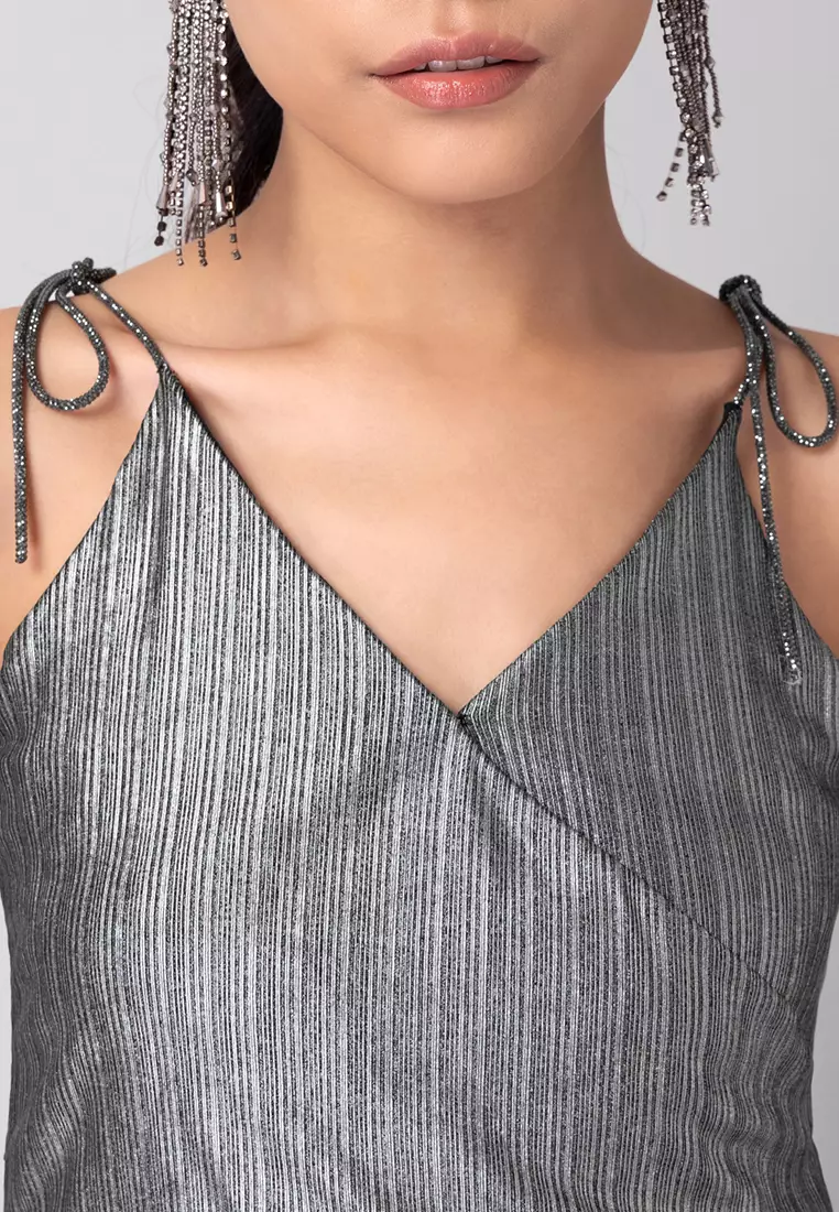 FabAlley Silver Embellished Tie Up Asymmetric Wrap Top