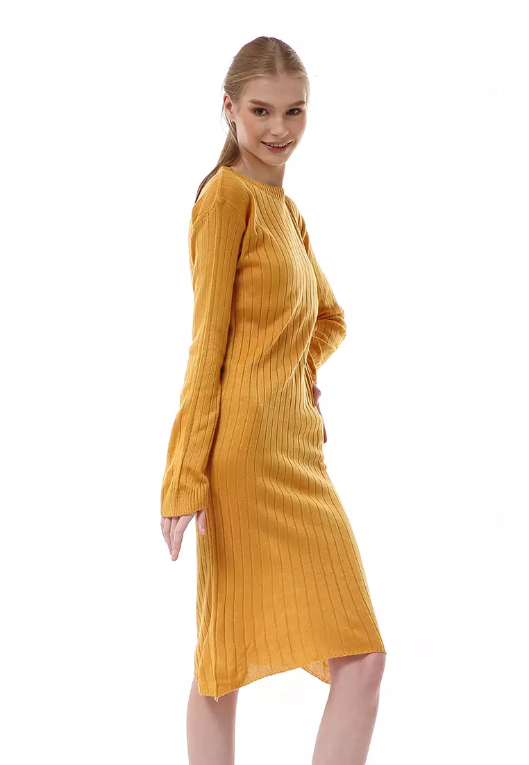 Adela Dress Rajut Tunik Wanita Motif Polos Long Sleeve Relaxed Fit - Mustard