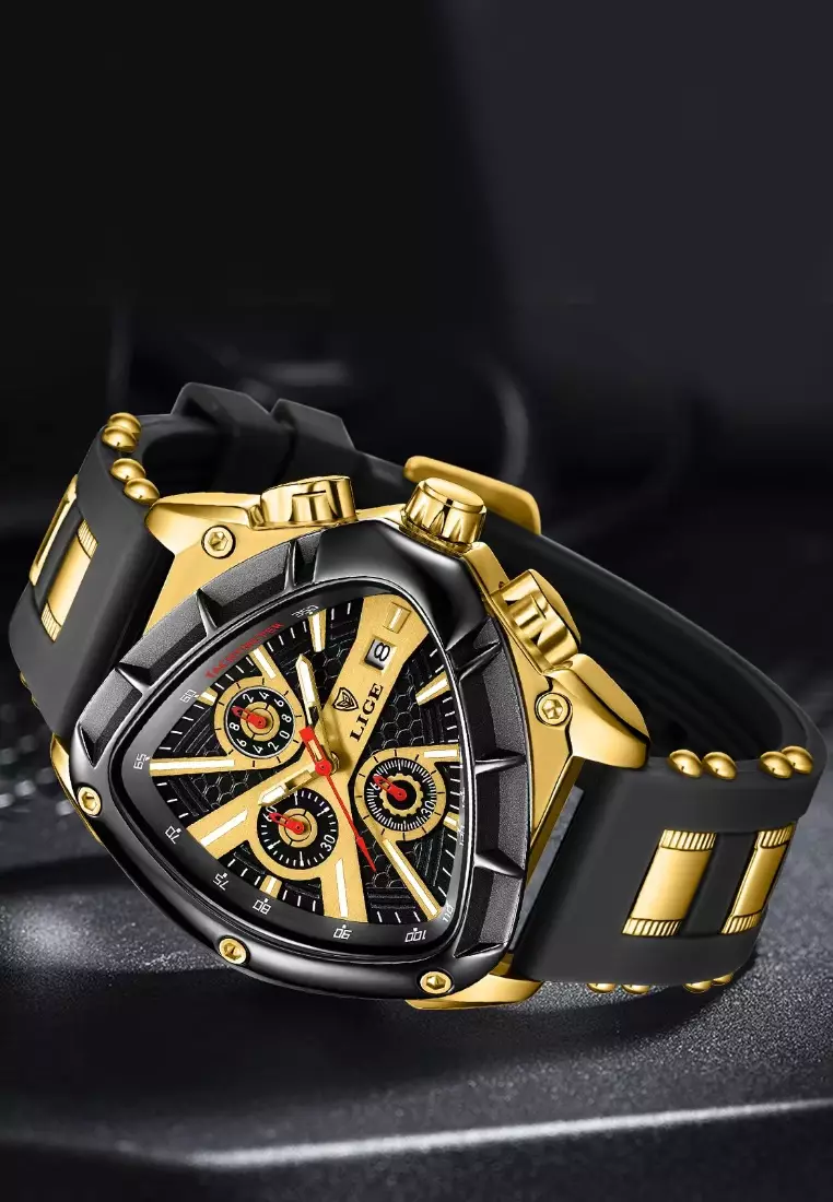 Unisex IP Gold & Black Stainless Steel Chronograph Quartz watch, 48mm diameter, with Rubber and Metal Strap