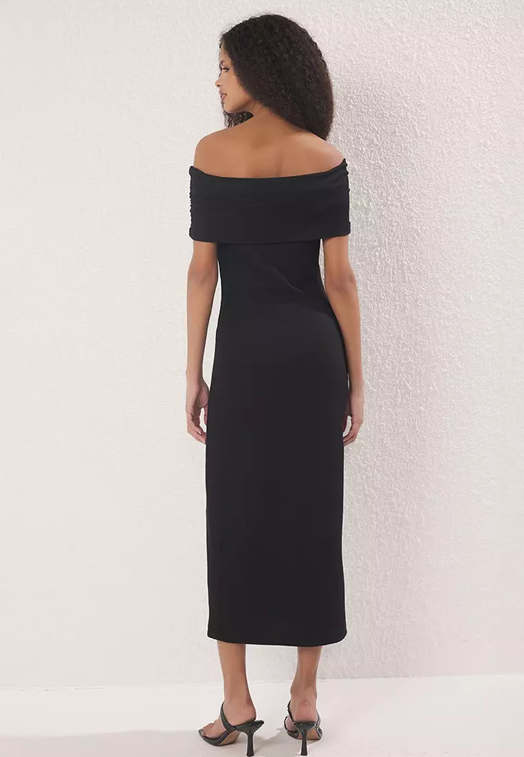Black Plain Gather/Drape Detailed Maxi Flexible Carmen Collar Body-Smoothing Knitted Dress Twoss25El00327