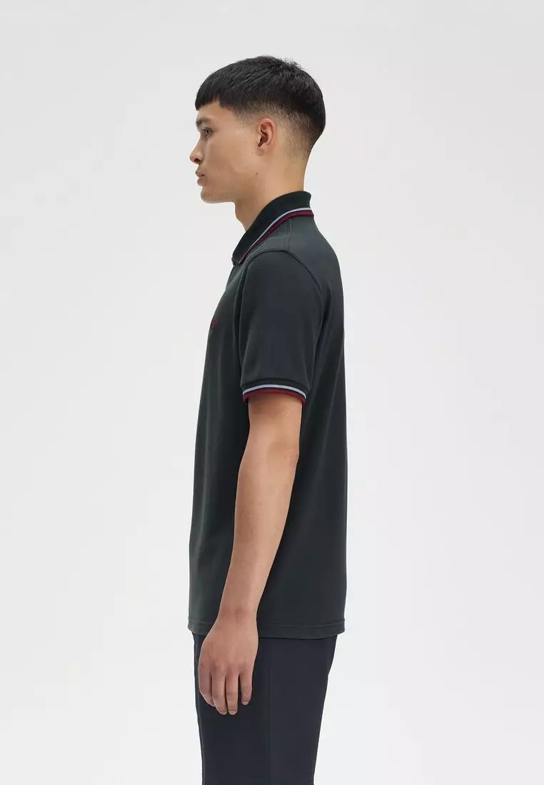 Fred Perry M12 Made in England Twin Tipped Fred Perry Shirt (Night Green / Light Smoke / Burnt Red)