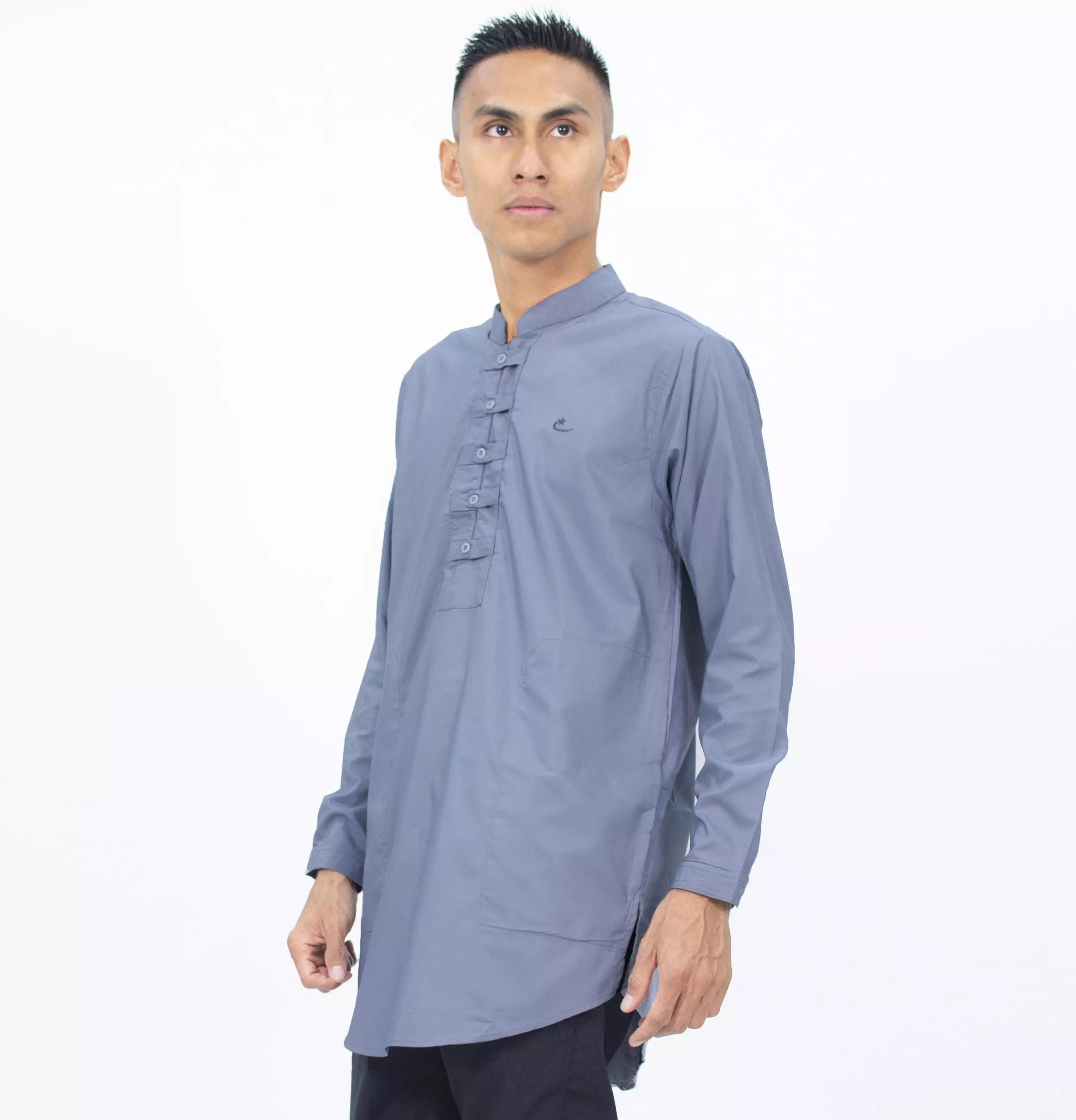 SHAMS Baju Lebaran Baju Koko Lengan Panjang Kemeja Koko Kemeja Kurta Pria - ABU MUDA