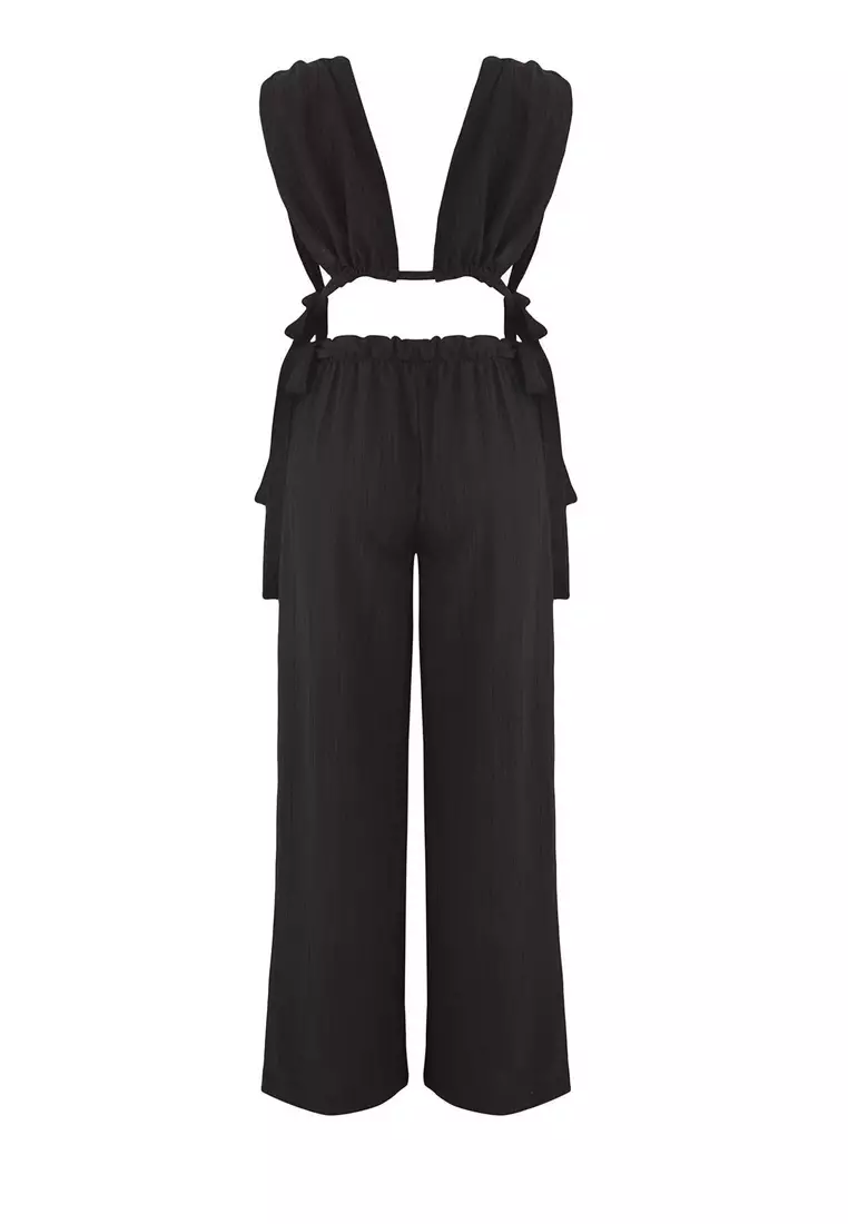 Black Woven Binding Detailed Deep V-Neck Beach Blouse Pants Suit Tbess25Au00088