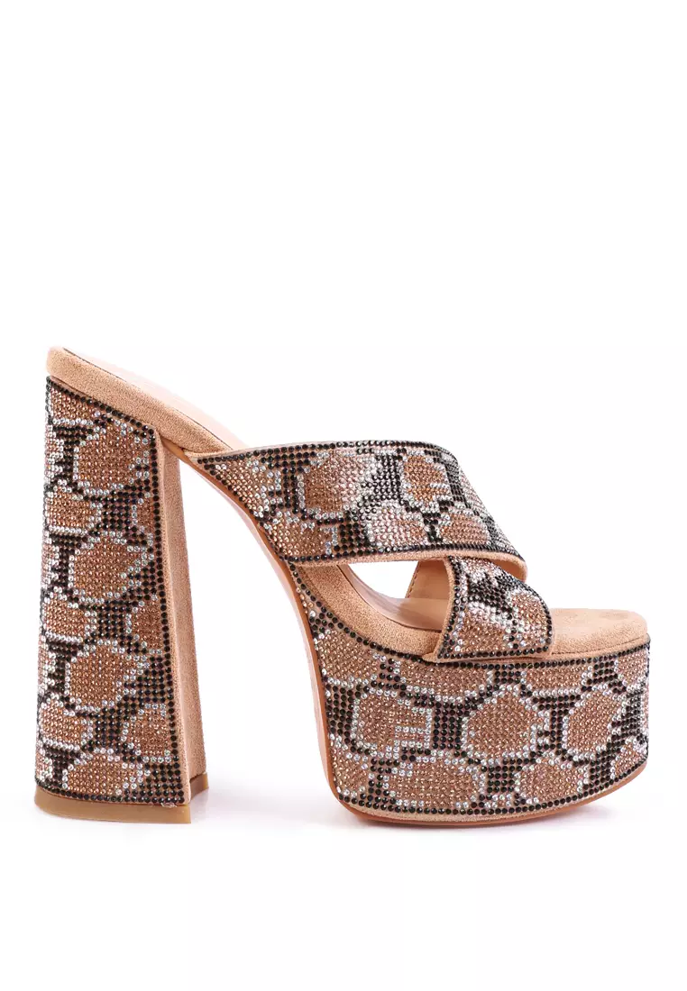 Buy London Rag Gold High Platform Patterned Diamante Slides Online ...
