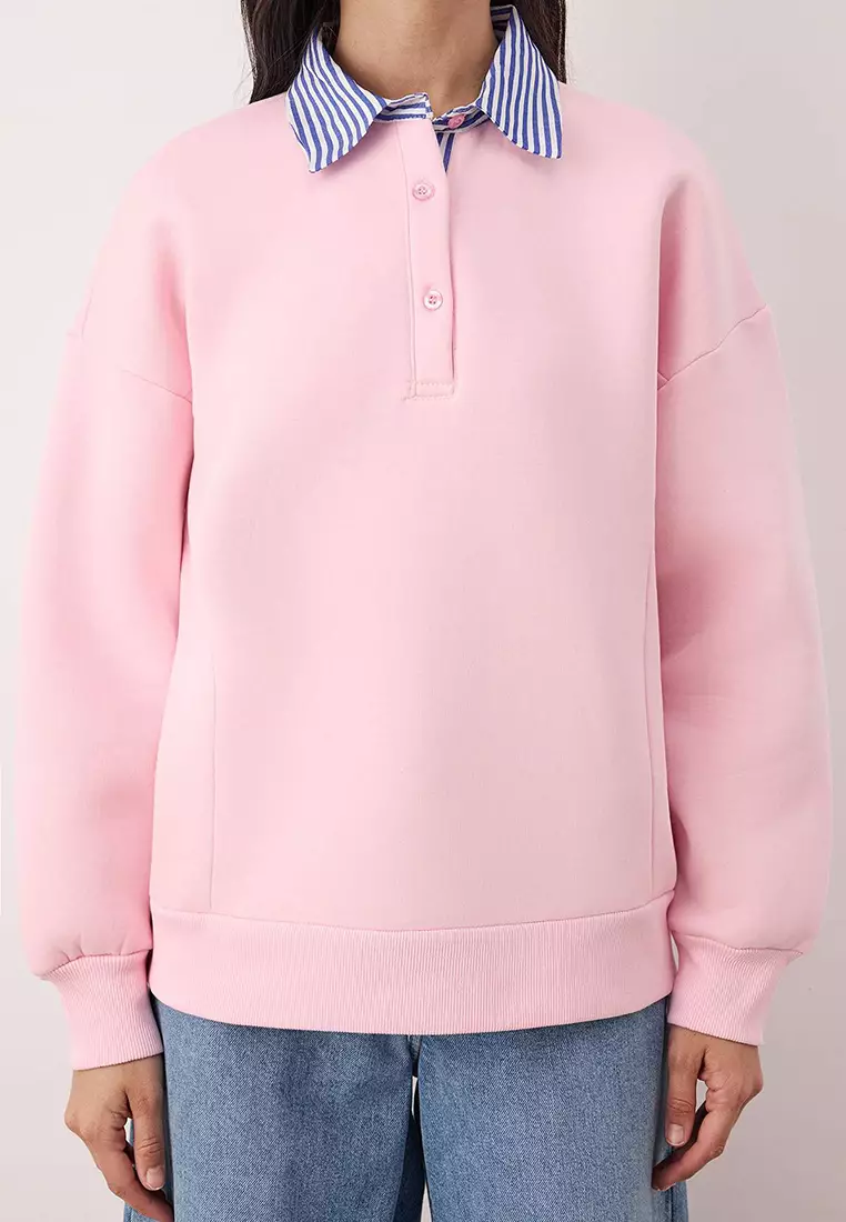 Pink Woven Garni Detailed Oversize Fit Polo Neck Thick Fleece Knitted Sweatshirt Twoaw26Sw116