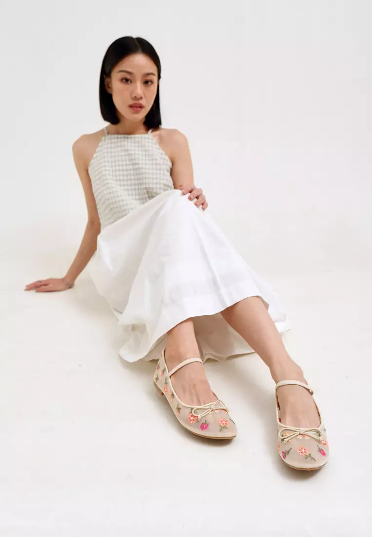 Lyla Mary Jane Mesh Flat Shoes Embroidery Ballerina Flower Cream