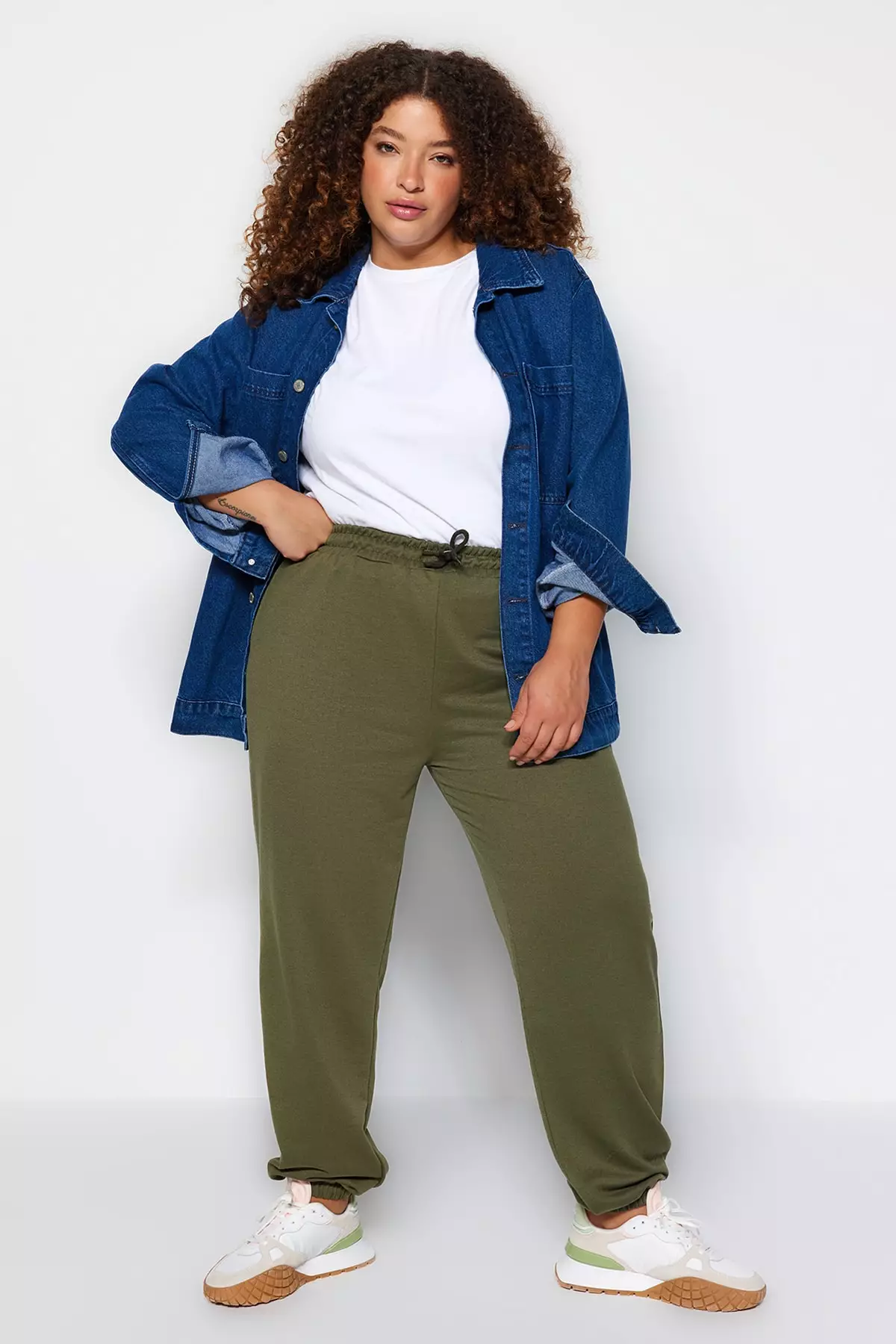 Buy Trendyol Plus Size Khaki High Waist Jogger 2 Thread Sweatpants