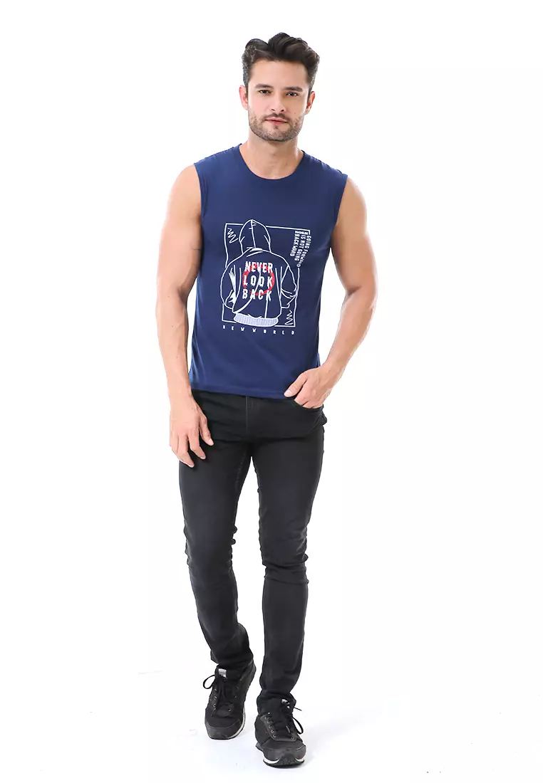Bobby Atasan Kasual Pria Singlet Motif Never Look Back Sleeveless Tshirt Material Cotton ORIGINAL - Navy