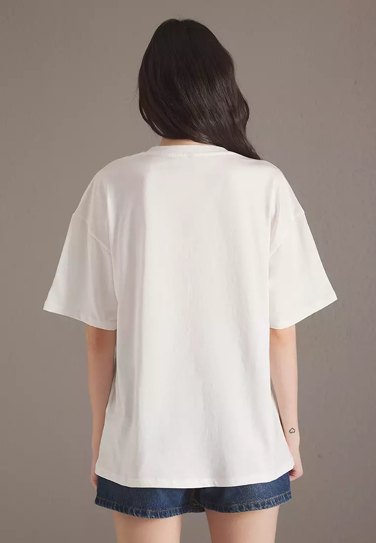 Ecru 100% Cotton Oversize/Wide Pattern Printed Knitted T-Shirt TWOSS25TS00166