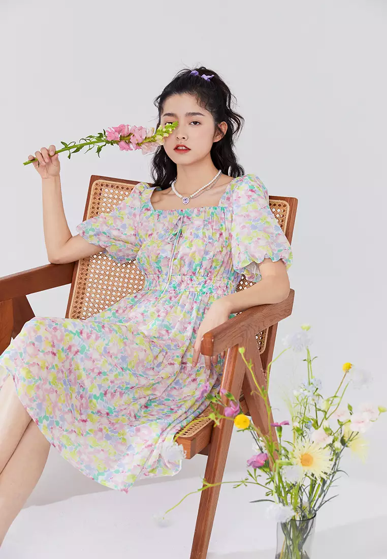 Square Neck Floral Tiered Midi Dress