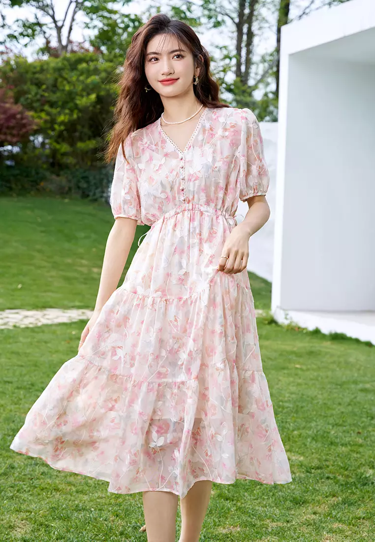 Puff Sleeve V-Neck Ruched Floral Dress with Waist Tie