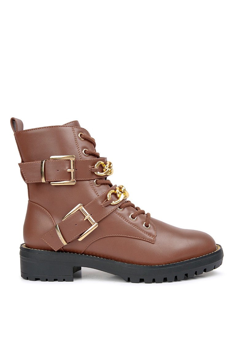 Atta Girl Metal Chain Detail Bike Boot in Tan