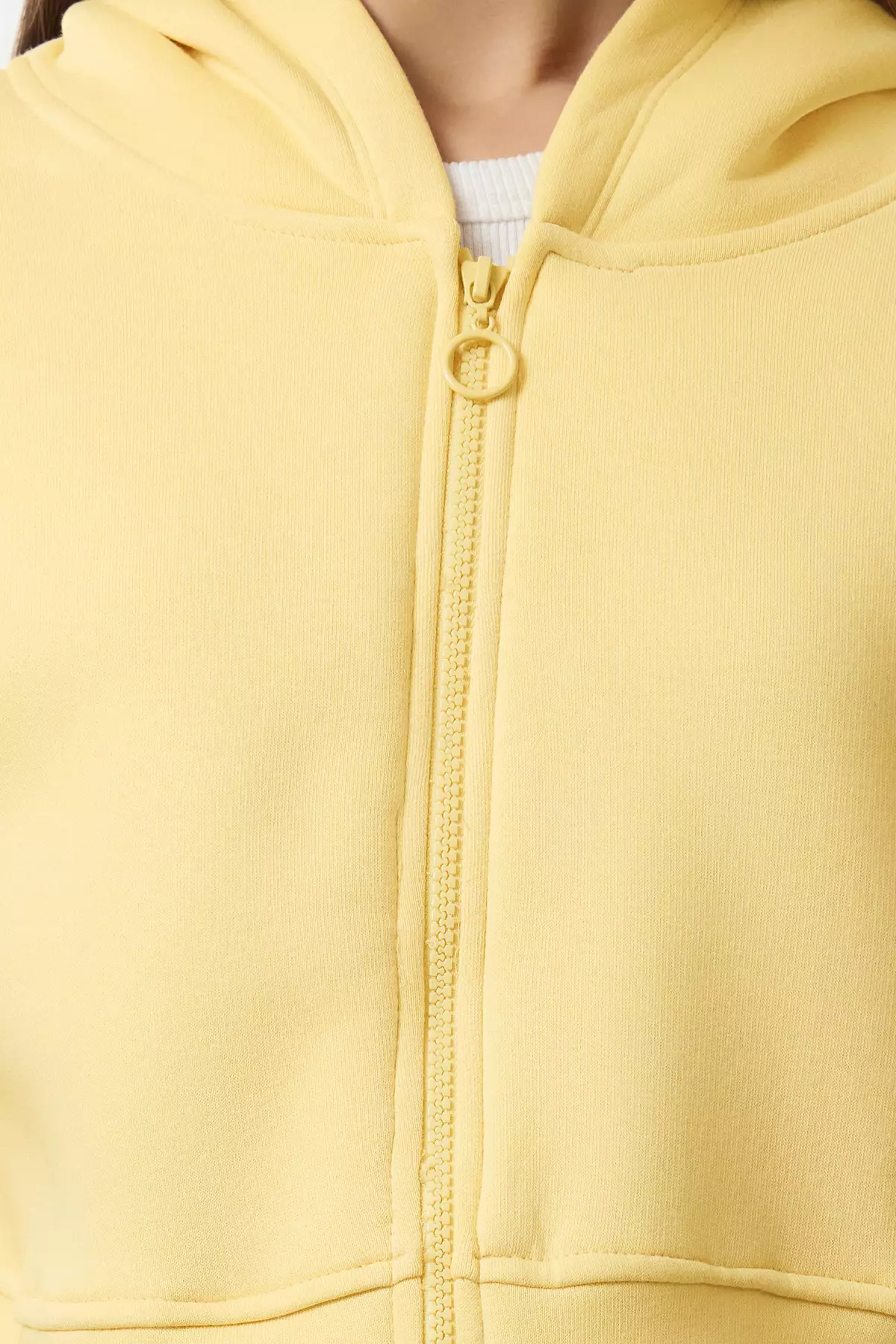 Light Yellow Zipper Hooded Relaxed Fit Crop Thick Inner Fleece Knitted Sweatshirt Twoaw2Sw66