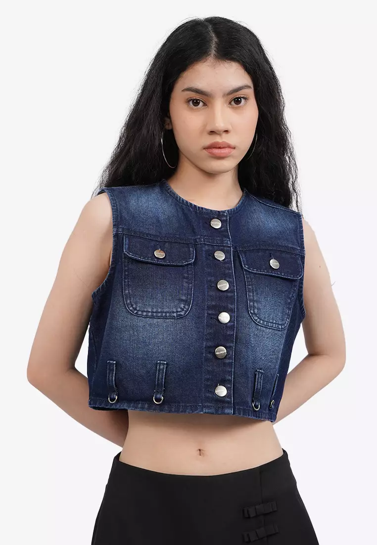Button Up Denim Cropped Top
