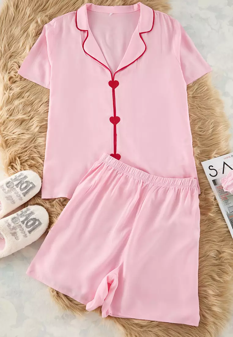 Pink Heart Embroidery and Piping Detail Viscose Woven Pajama Set TBBSS25AI00015