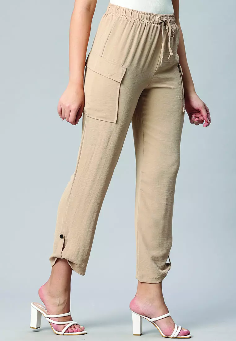 Beige Drawstring Waistband Cargo Pants