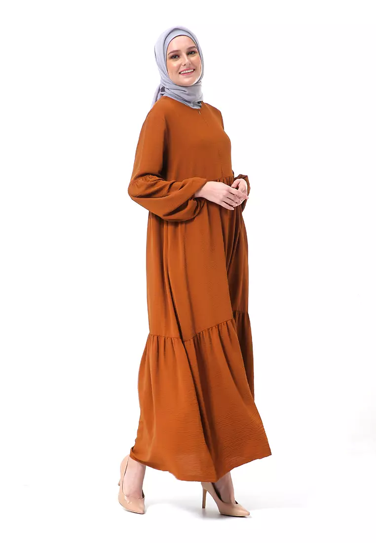 Tika Dress Wanita Gamis Muslimah Rubber Hands High Quality Premium - Cinnamon