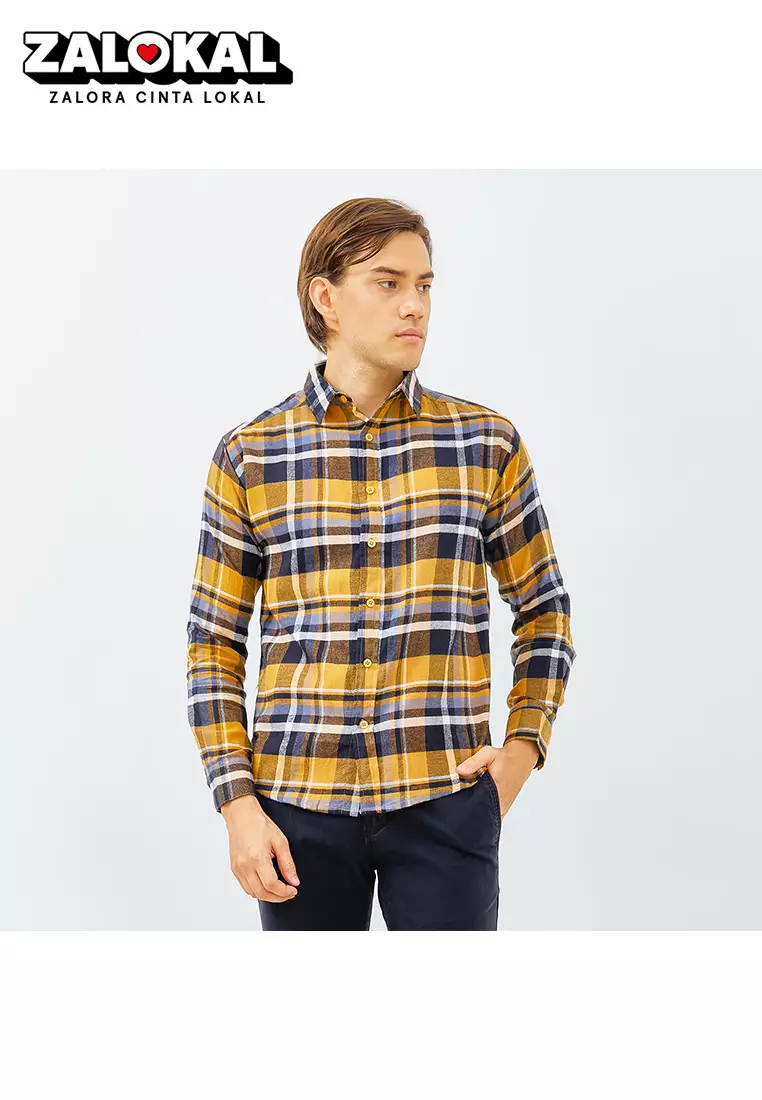 PAULMAY Kemeja Flanel Pria Lengan Panjang Kuning 6716