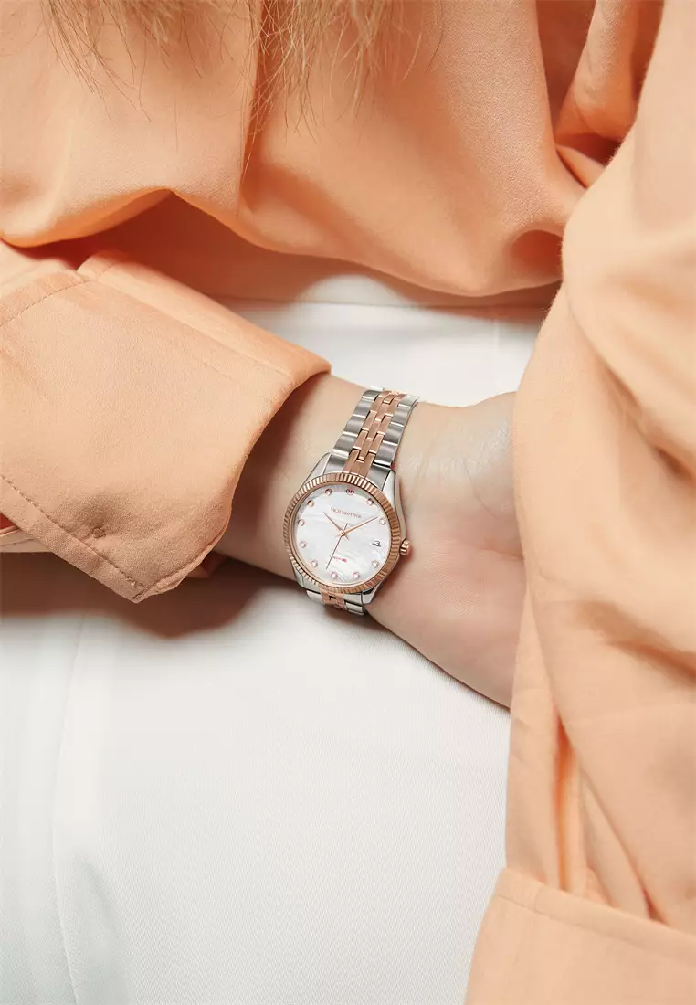 Women's Watch 32mm Round White River Scallops Dial Stainless Steel Strap Calendar Function Rose Mary- White