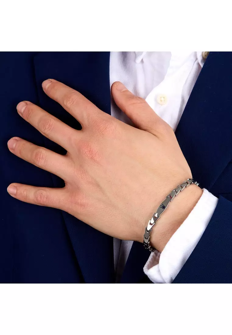 MASERATI Jewels 215mm Men's Stainless Steel Bracelet, Sliver & Blue, JM225AVD85 (Adjustable)