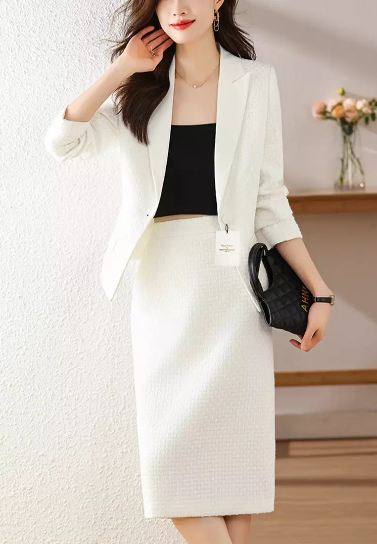 White blazer hot sale skirt set