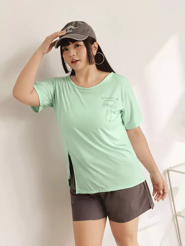 雲朵自訂款-涼感．冰牛奶絲蝴蝶結開衩長版T恤上衣《AB19580》