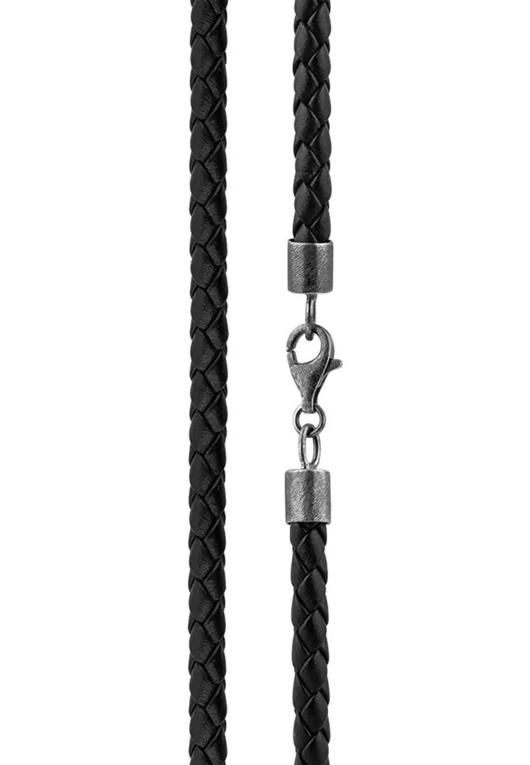 Necklace Leather Braided Black Simple 925 Sterling Silver