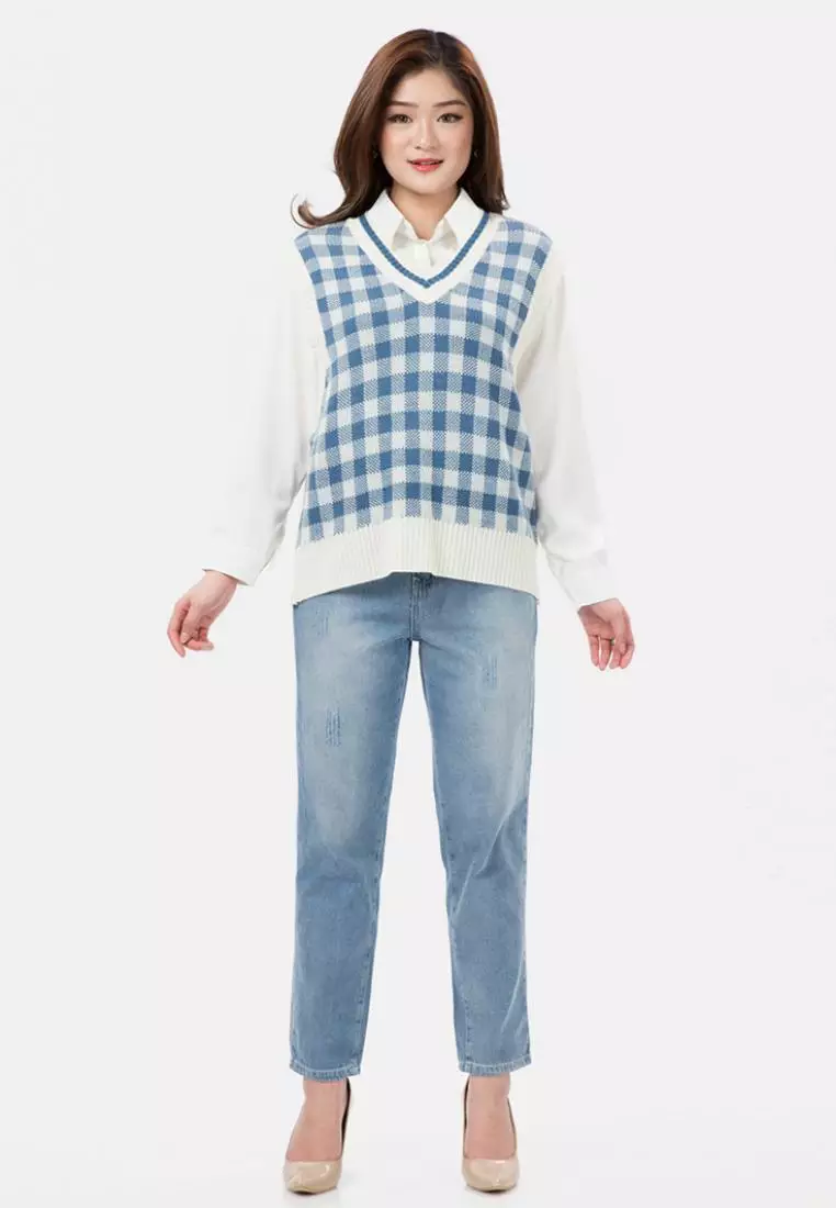Big Checker Knit Vest in Blue
