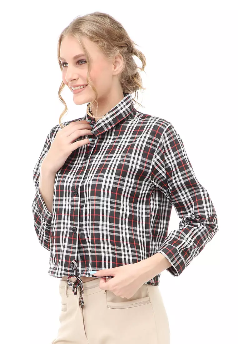 Holly Atasan Kasual Kemeja Crop Top Wanita Lengan Panjang Plaid Motif Material Cotton ORIGINAL - Black