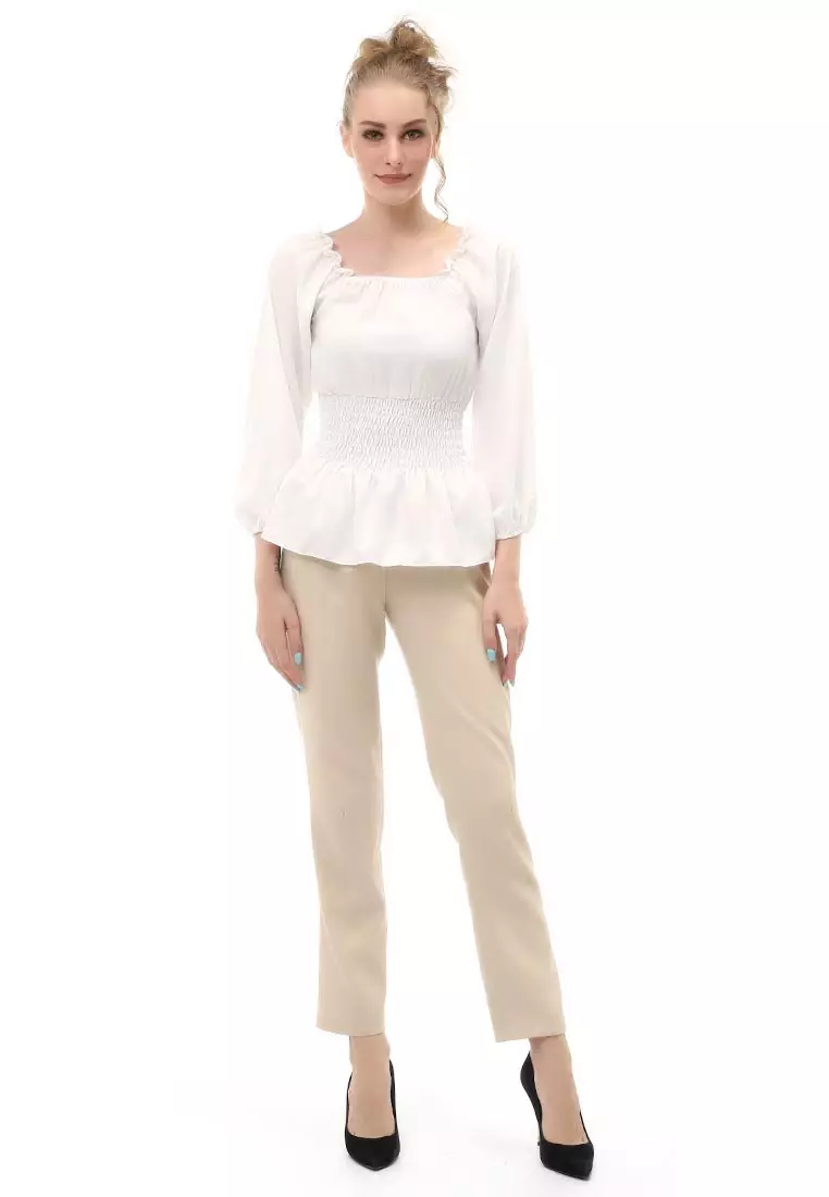 Cheva Blouse Atasan Wanita Sabrina Karet Pinggang Lengan Panjang Casual Shirt Long Sleeve Material Wolfis ORIGINAL