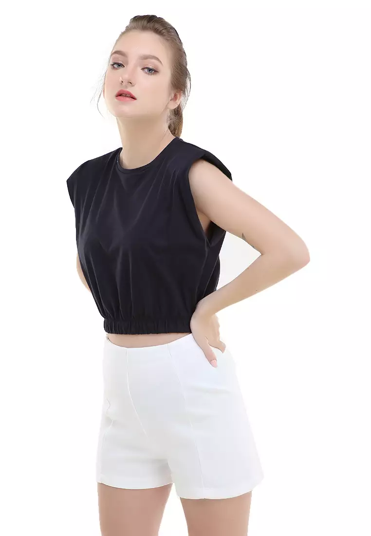 Sakya Tshirt Short Sleeve Top Padded Motif Polos Atasan Wanita Crop Regular fit - Black
