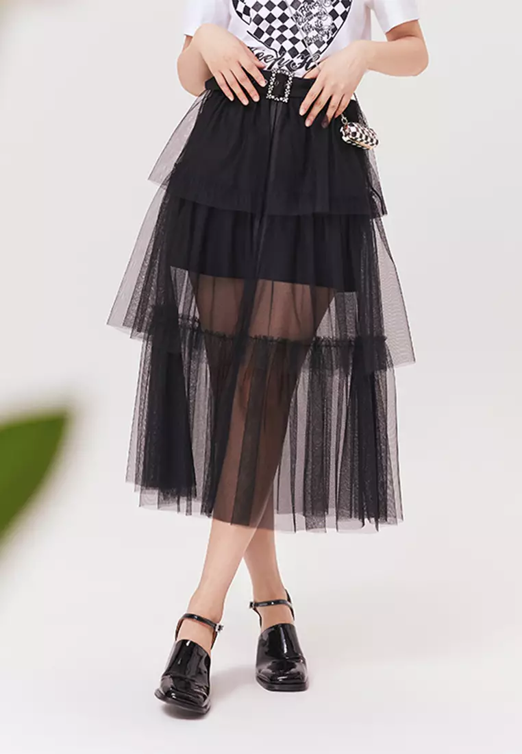 Tiered Tulle Skirt with Waist Belt