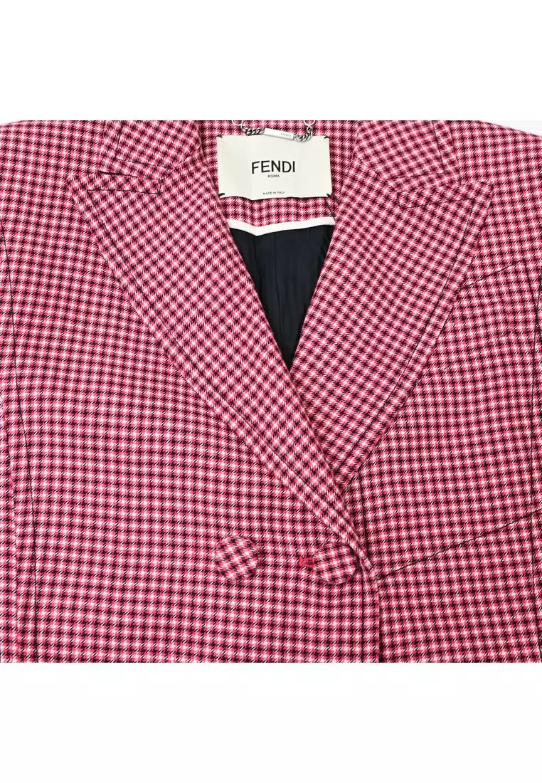Pre-Loved Fendi Double-breasted Plaid Fur-trimmed Blazer In  Red Wool