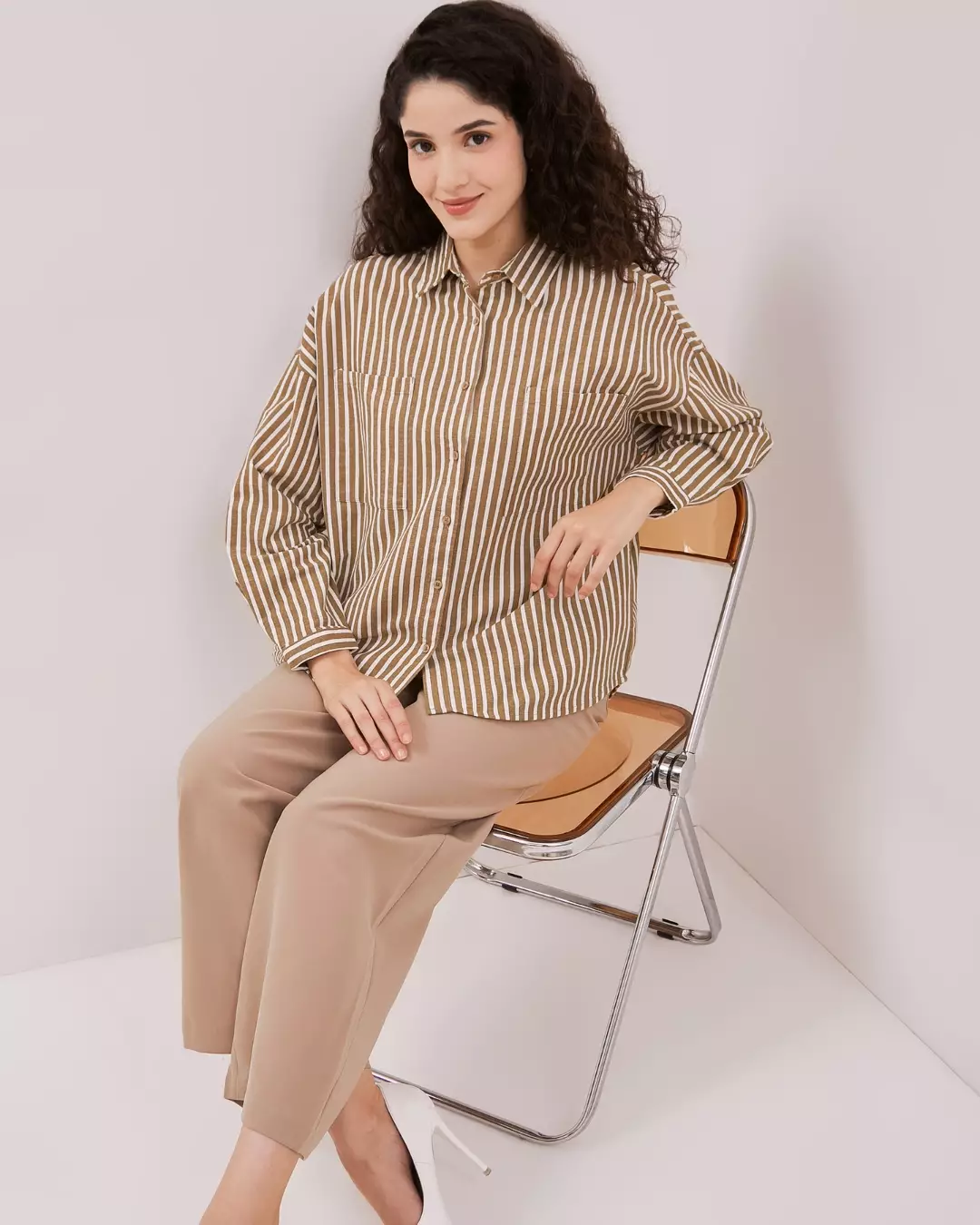 Urban Exchange Anisa Light Brown Shirt - Kemeja Oversize Stripe Garis Lengan Panjang Warna Light Brown