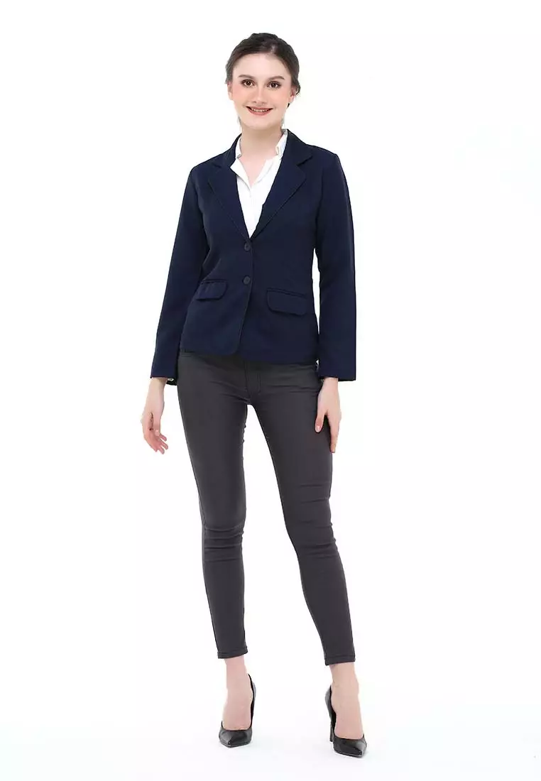 Qemsya Jas Blazer Wanita Korean Style Formal Longsleeve Suit Material Polyester ORIGINAL - Navy