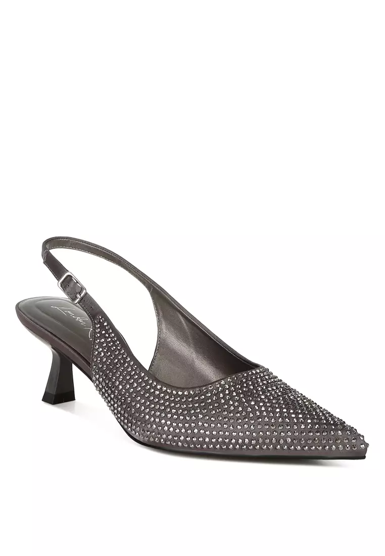 Rhinestones Embellished Slingback Sandals in Pewter