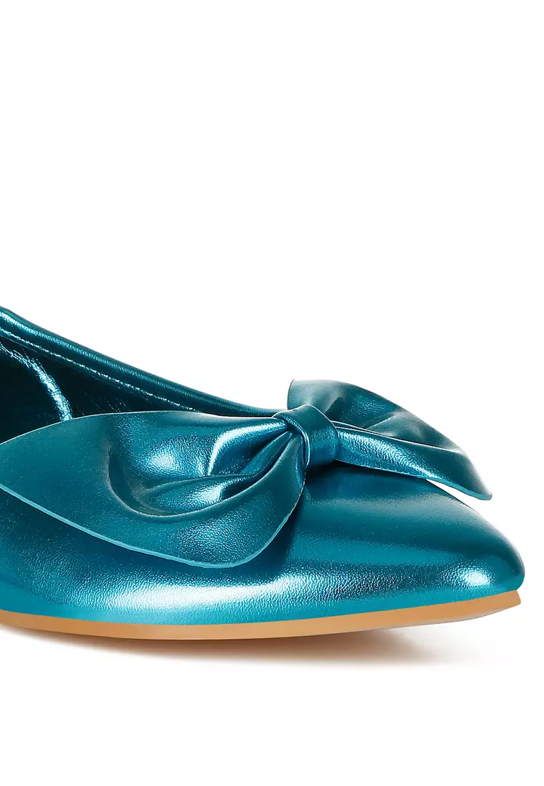 Metallic Pleather Bow Ballerinas in Blue